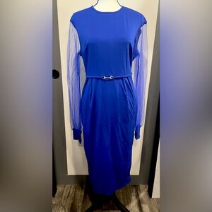 Blue Dress with Sheer Sleeves and Belt Accent, Large